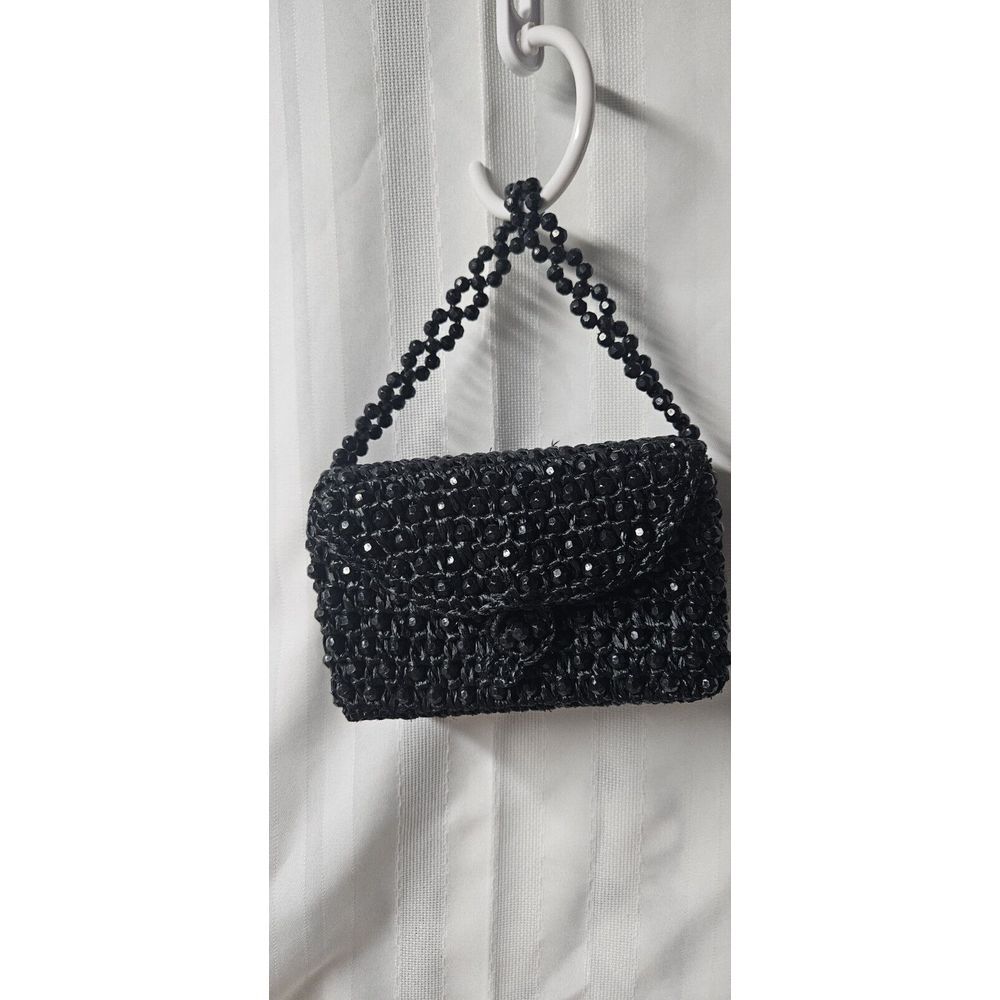 Dayne Taylor Vintage Handbag Black Straw+ beads mirror built in Made in Japan.